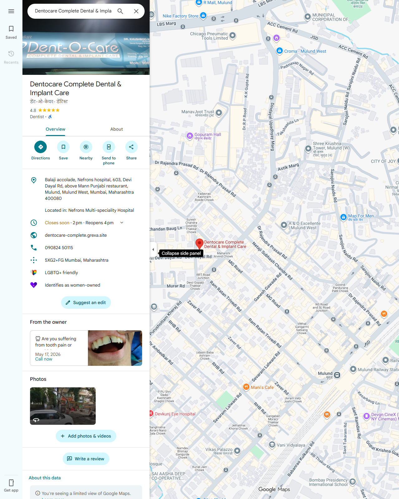 Live screenshot of the Google listing